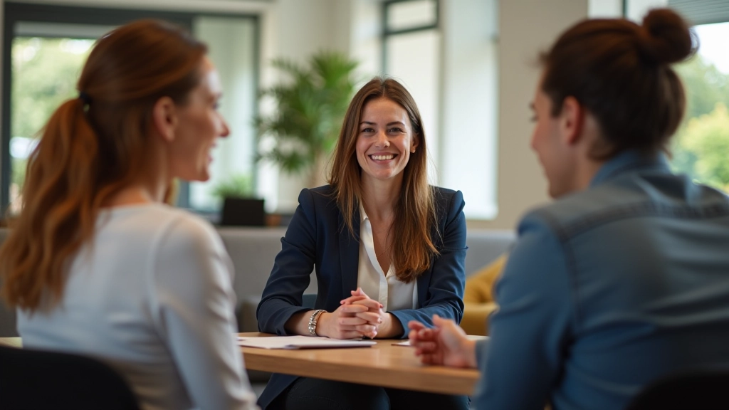 Team members having genuine conversation, smiling naturally, comfortable workspace, authentic human connection, natural interaction