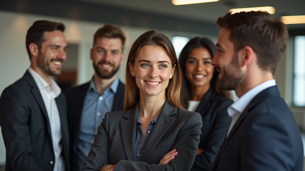 Diverse team members in collaborative meeting space with positive body language and engaged expressions
