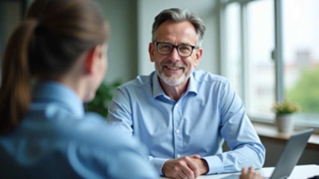 Manager and employee in one-on-one conversation, both relaxed posture, authentic connection, natural office environment with soft afternoon lighting
