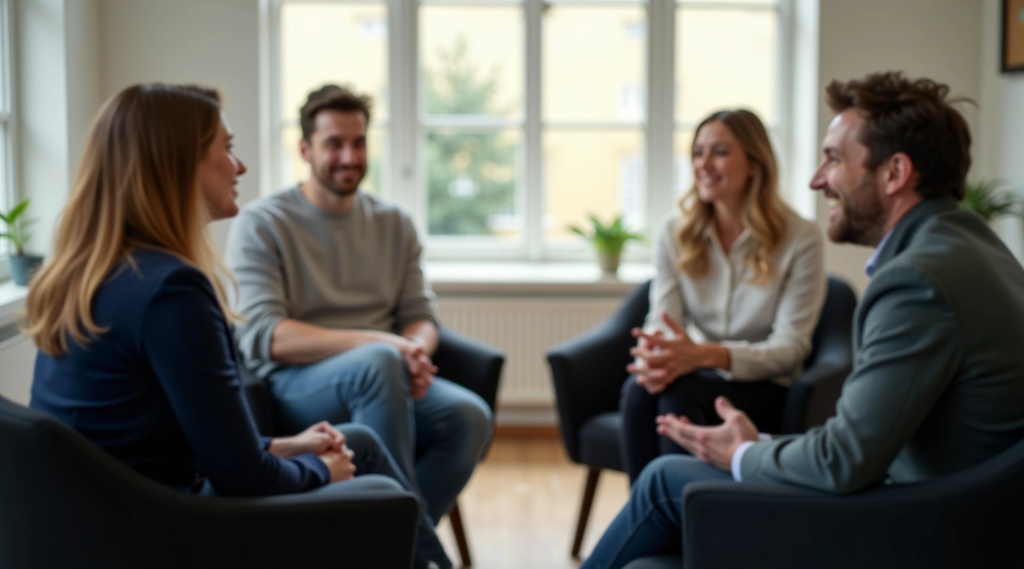 Team members sitting in circle during discussion, engaged in conversation with open body language