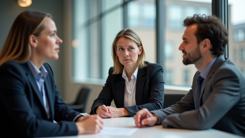 Team members in discussion, showing calm professional communication, seated in collaborative setting, confident body language