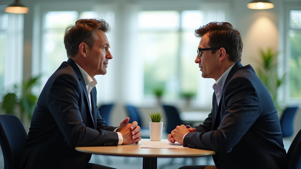 Two colleagues having a calm discussion in modern office space, sitting across from each other, engaged conversation, positive body language