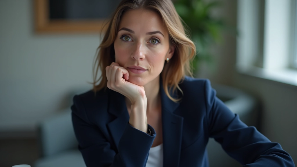 Professional woman in business setting, taking a thoughtful pause at her desk, hand on chin, focused expression, office environment