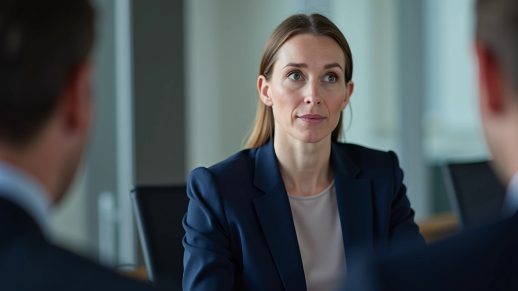 Leader listening intently to team member's idea, both seated at conference table, focused expressions showing genuine engagement and respect